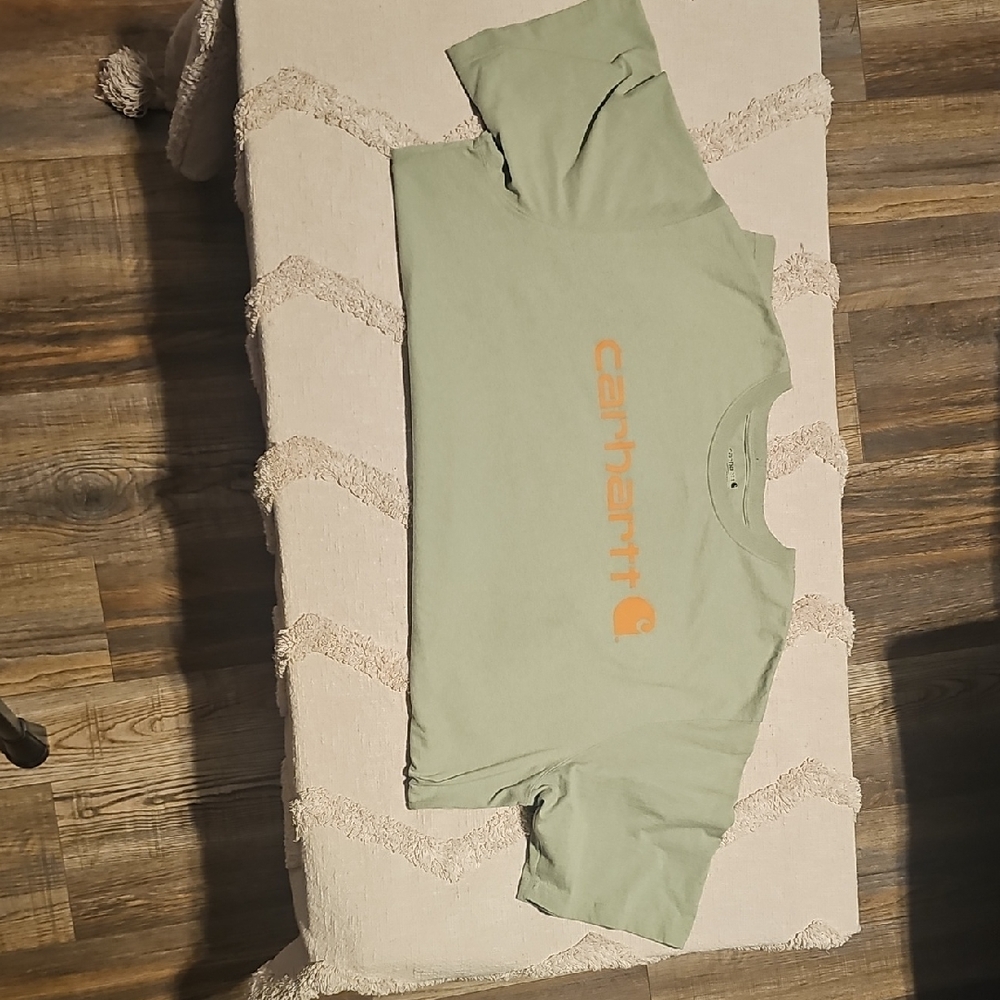 Carhartt Sage Green Tee with Bold Orange Logo